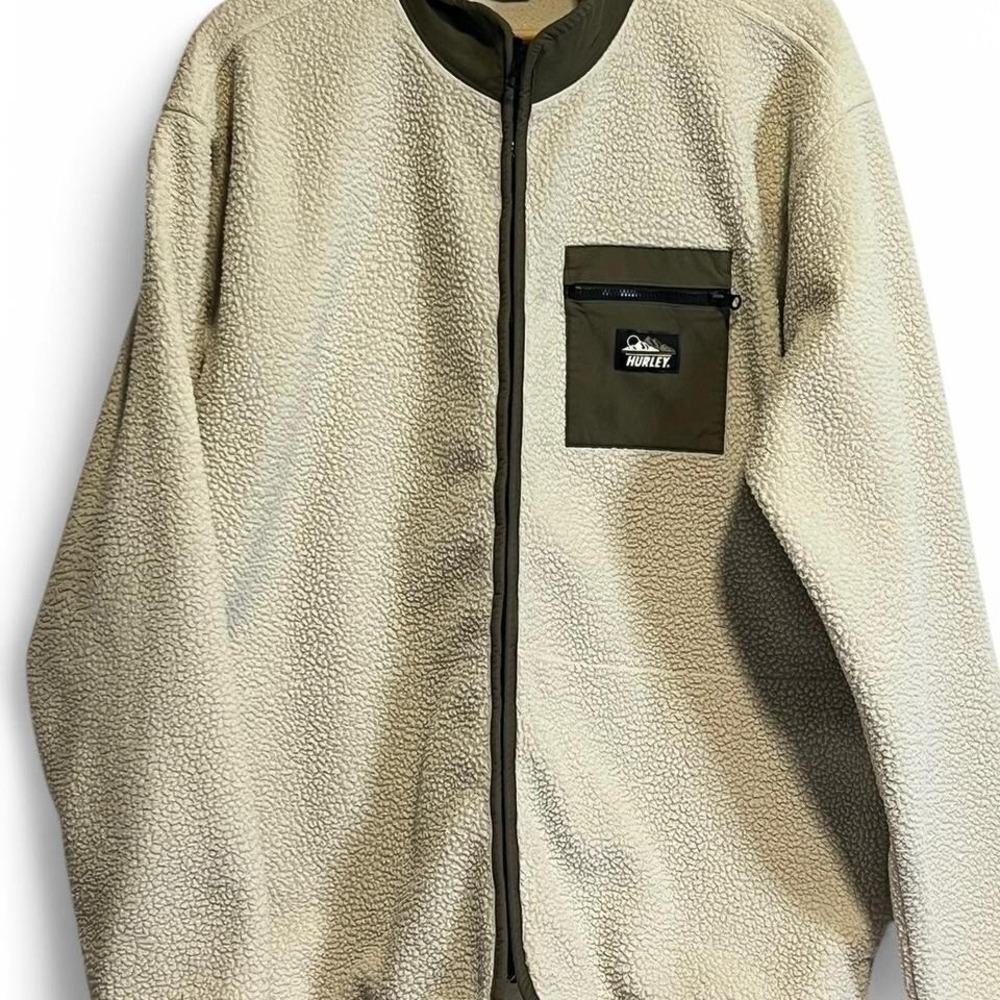 Hurley Fleece Full Zip Up Olive Green Cream Colored Size Large‎